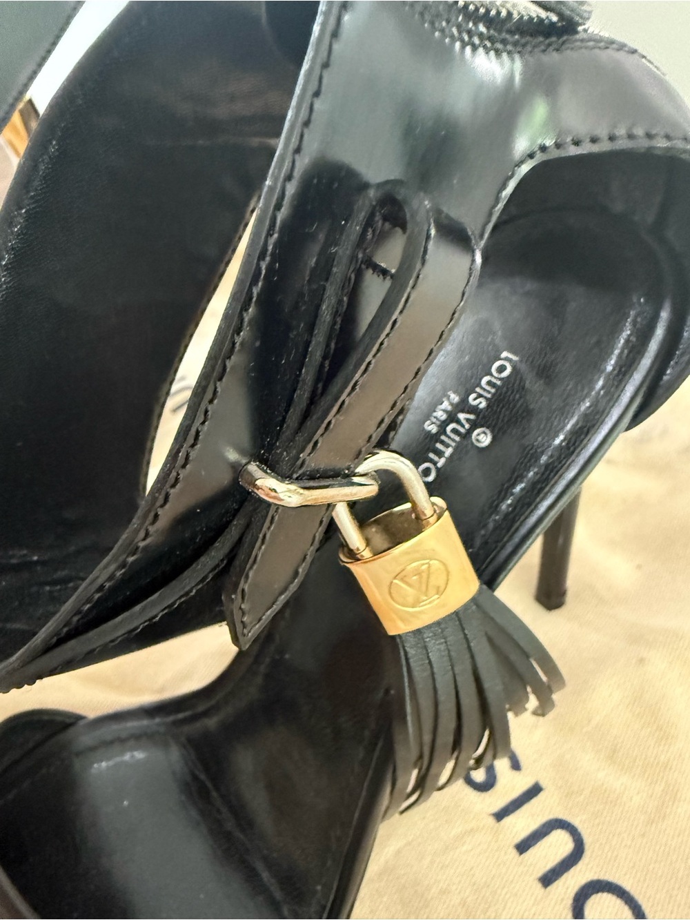 Louis Vuitton Black Leather Tassel Padlock Ankle-Strap Heels - Picture 5 of 9
